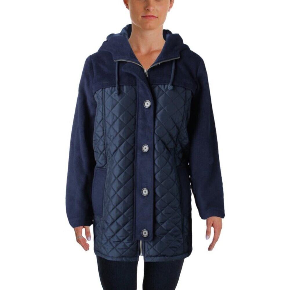 Lucky Brand Full Zip Button Women's L Navy Blue Quilted Hooded Coat Jacket